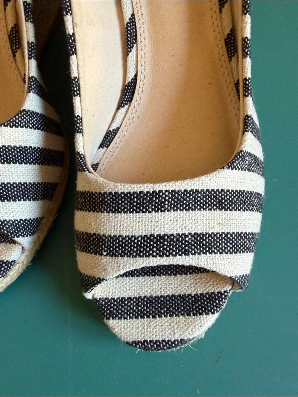 Kelly & Katie Striped Canvas Peep-Toe 3 inch wedge heel - Black & White. 8M